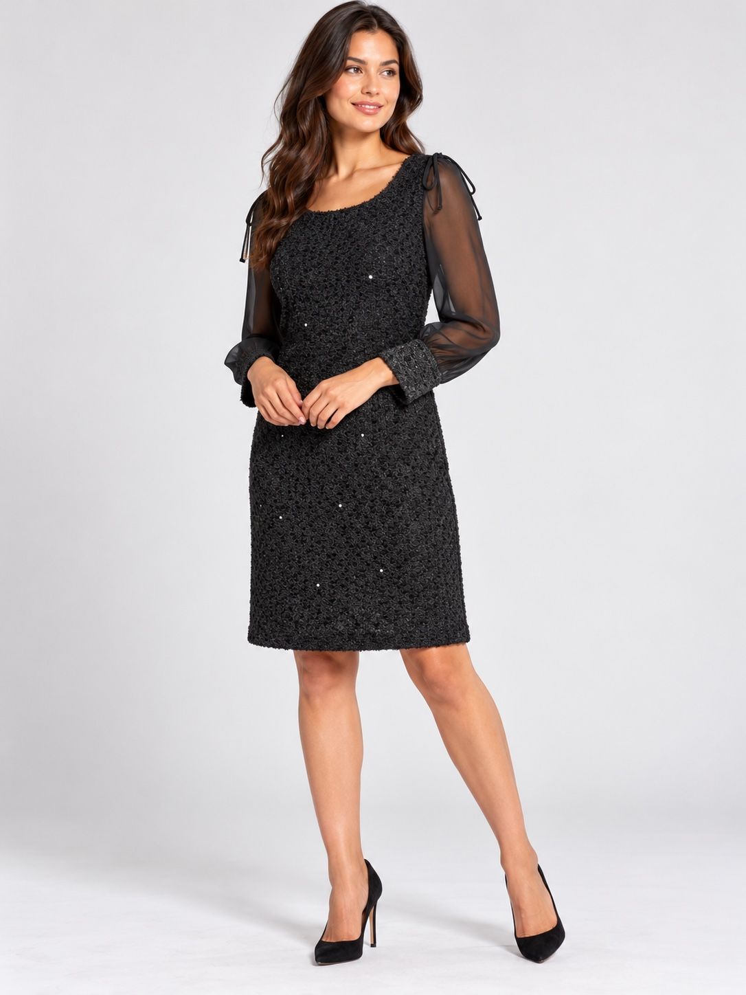 Yesica Black Textured Dress with Sheer Sleeves, photo 3