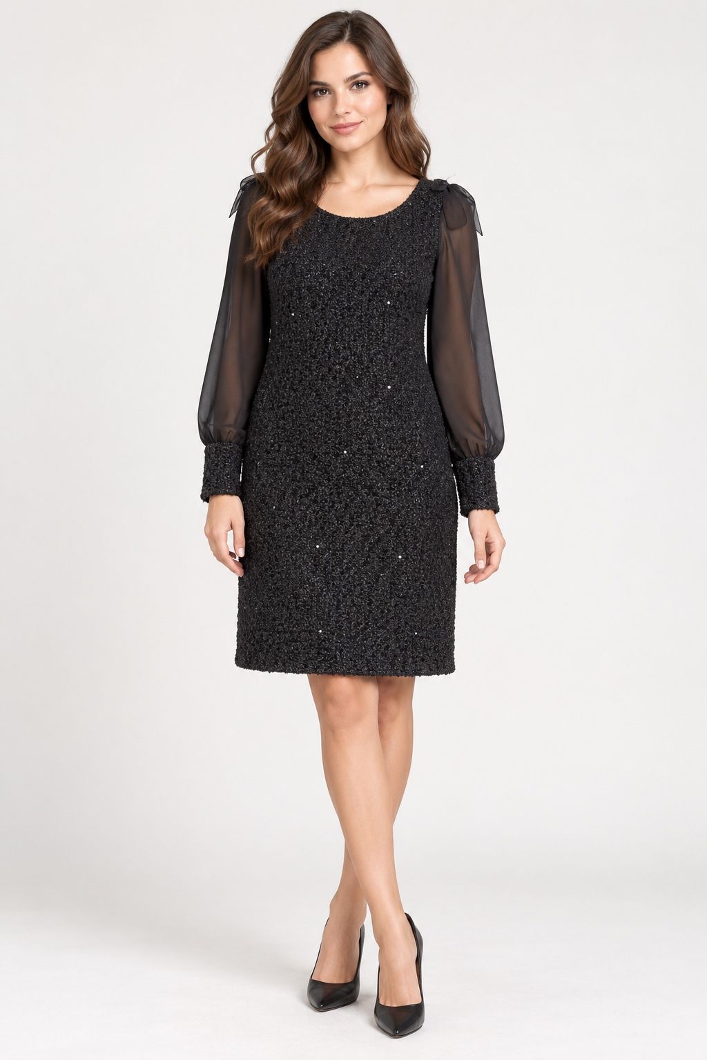 Yesica Black Textured Dress with Sheer Sleeves, photo 2