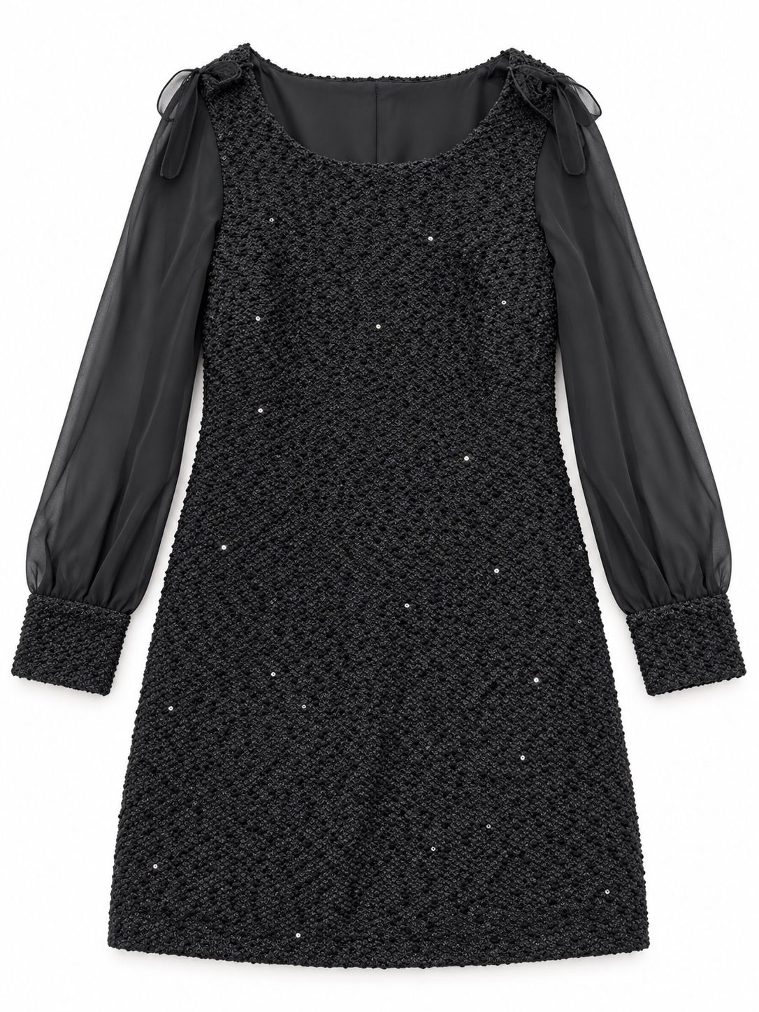 Yesica Black Textured Dress with Sheer Sleeves