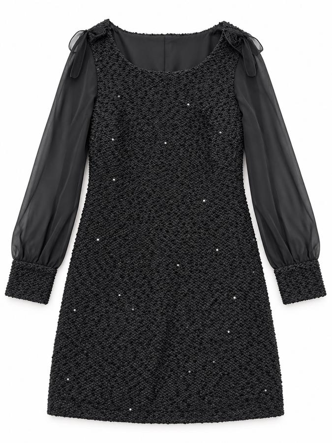 Yesica Black Textured Dress with Sheer Sleeves