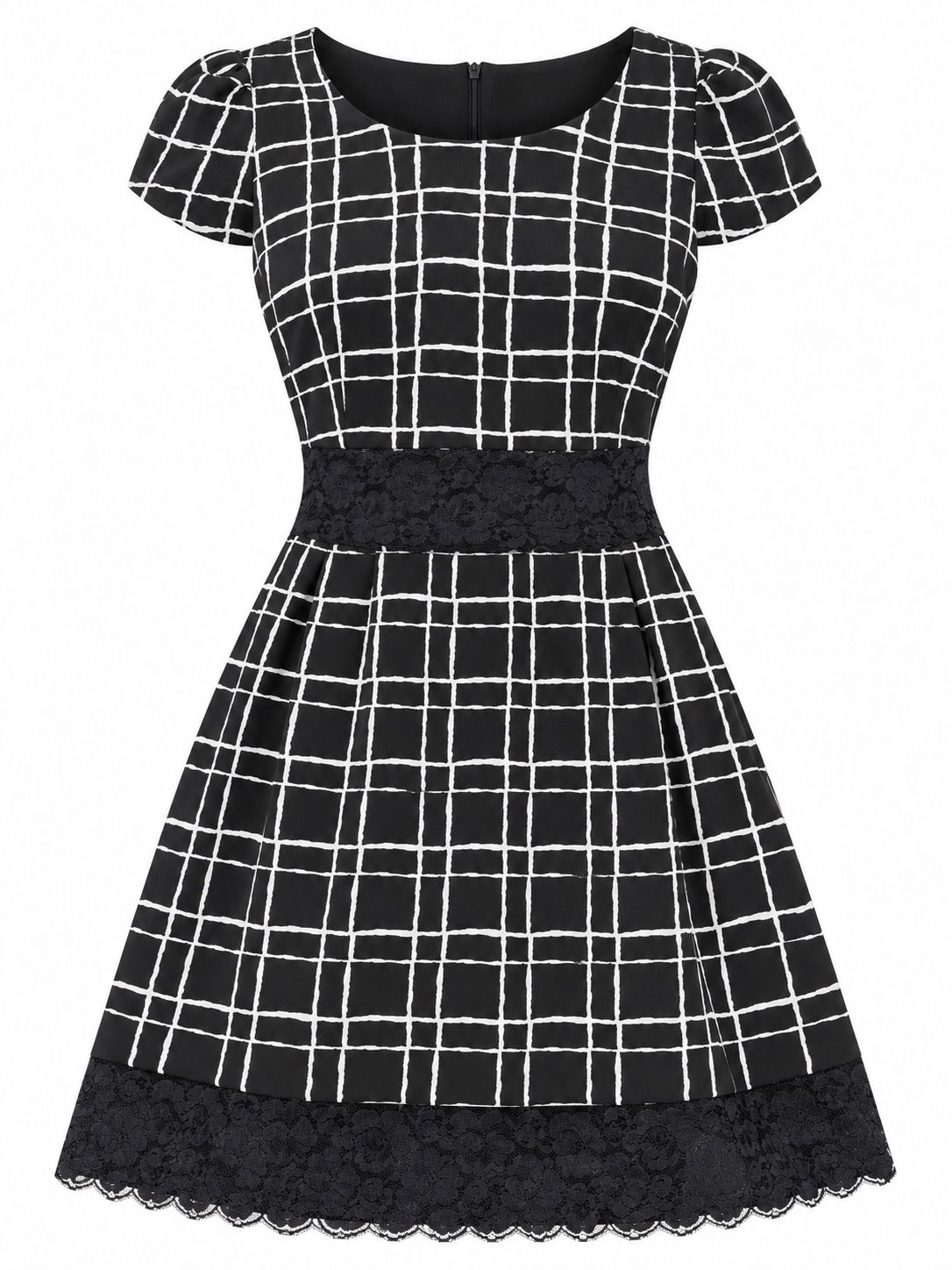 Agathe Black Windowpane Dress with Lace Trim