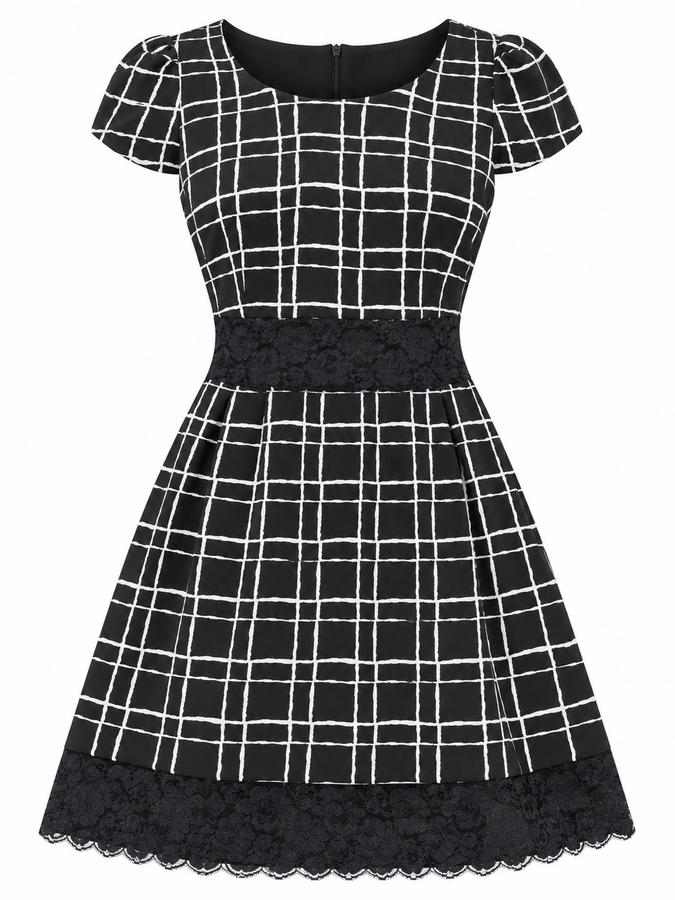 Agathe Black Windowpane Dress with Lace Trim