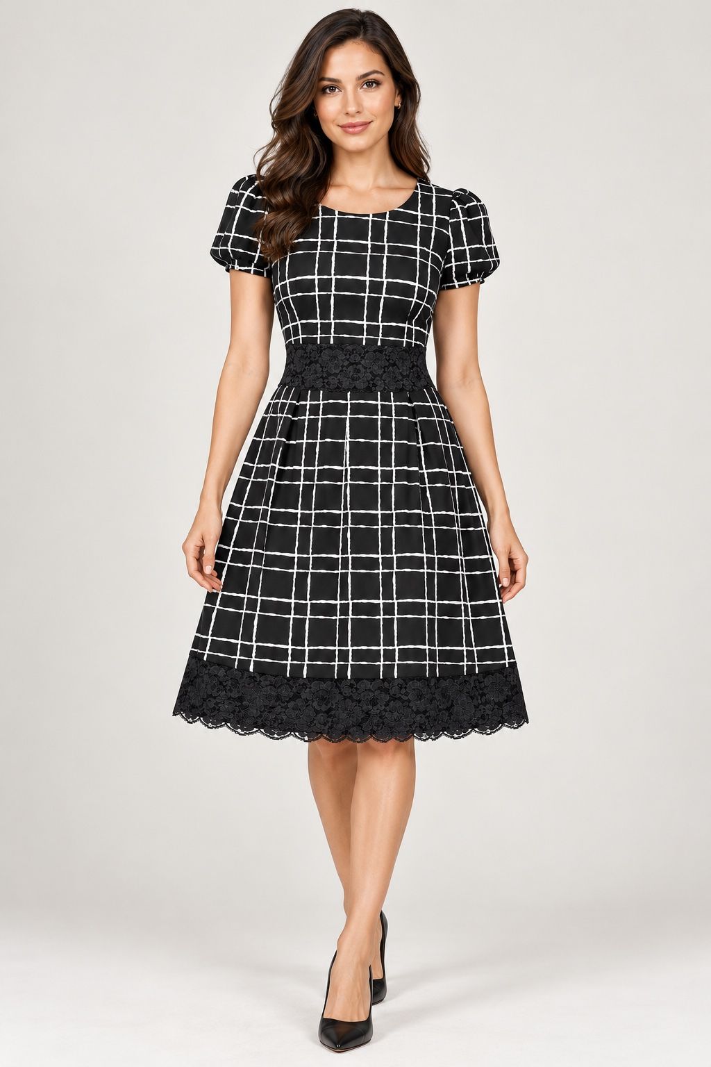 Agathe Black Windowpane Dress with Lace Trim, photo 2