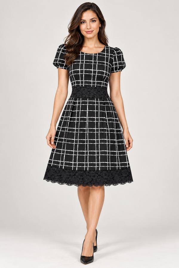 Agathe Black Windowpane Dress with Lace Trim, photo 2