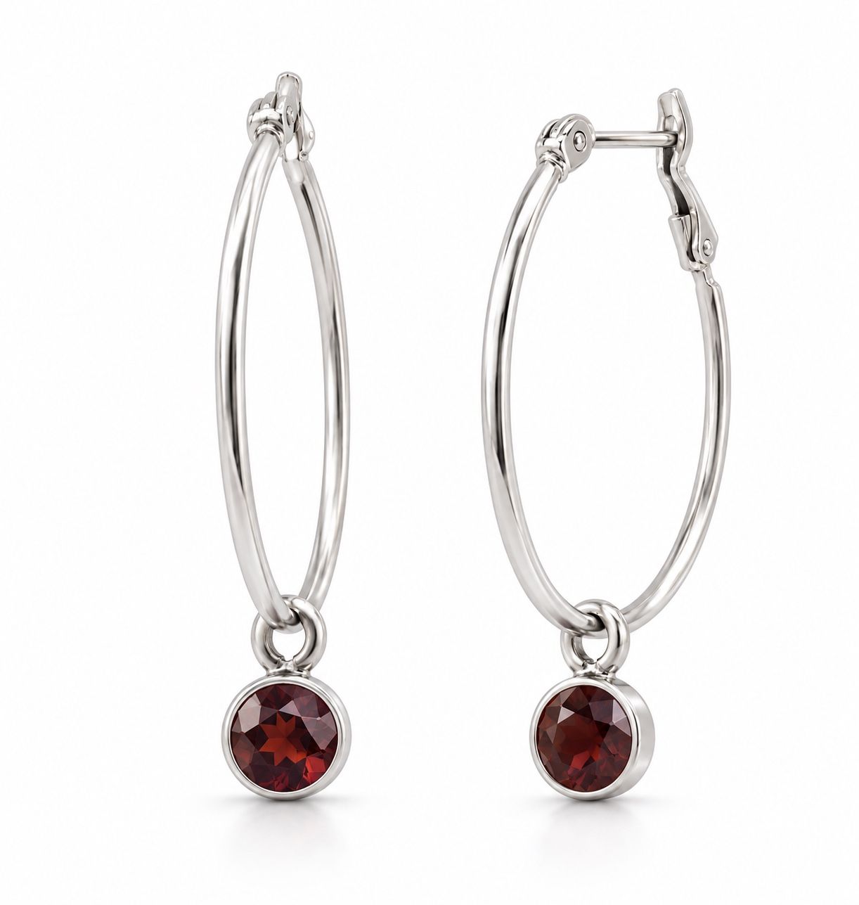 Silver Hoop Earrings with Red Stone Charms