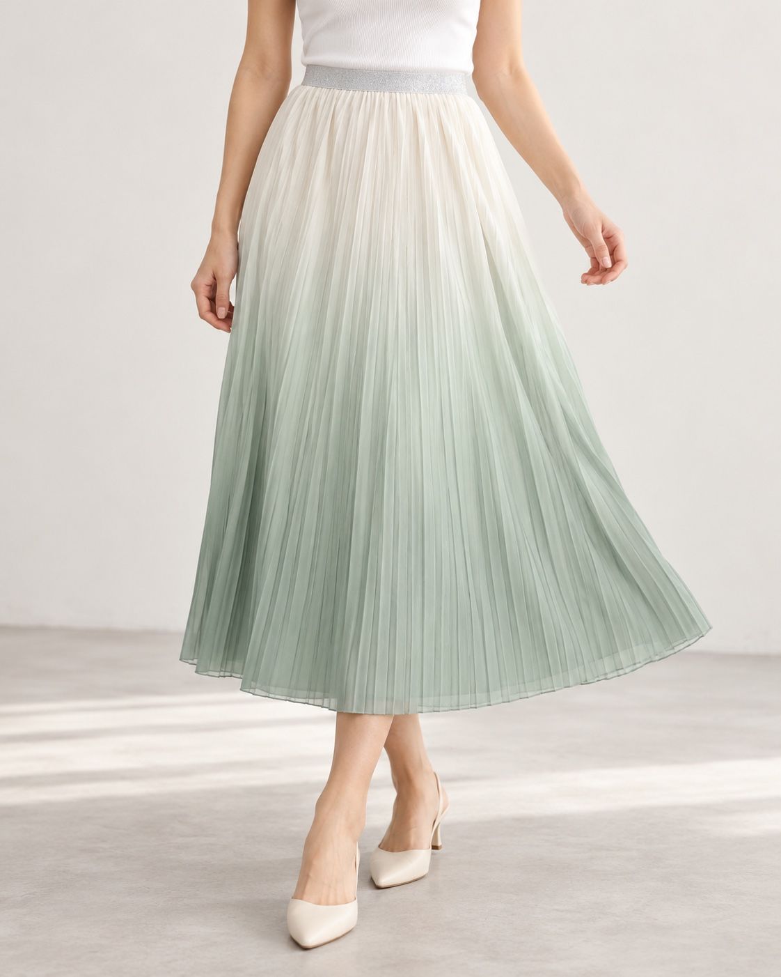 Girls’ Sage Green Pleated Ombre Midi Skirt, photo 2