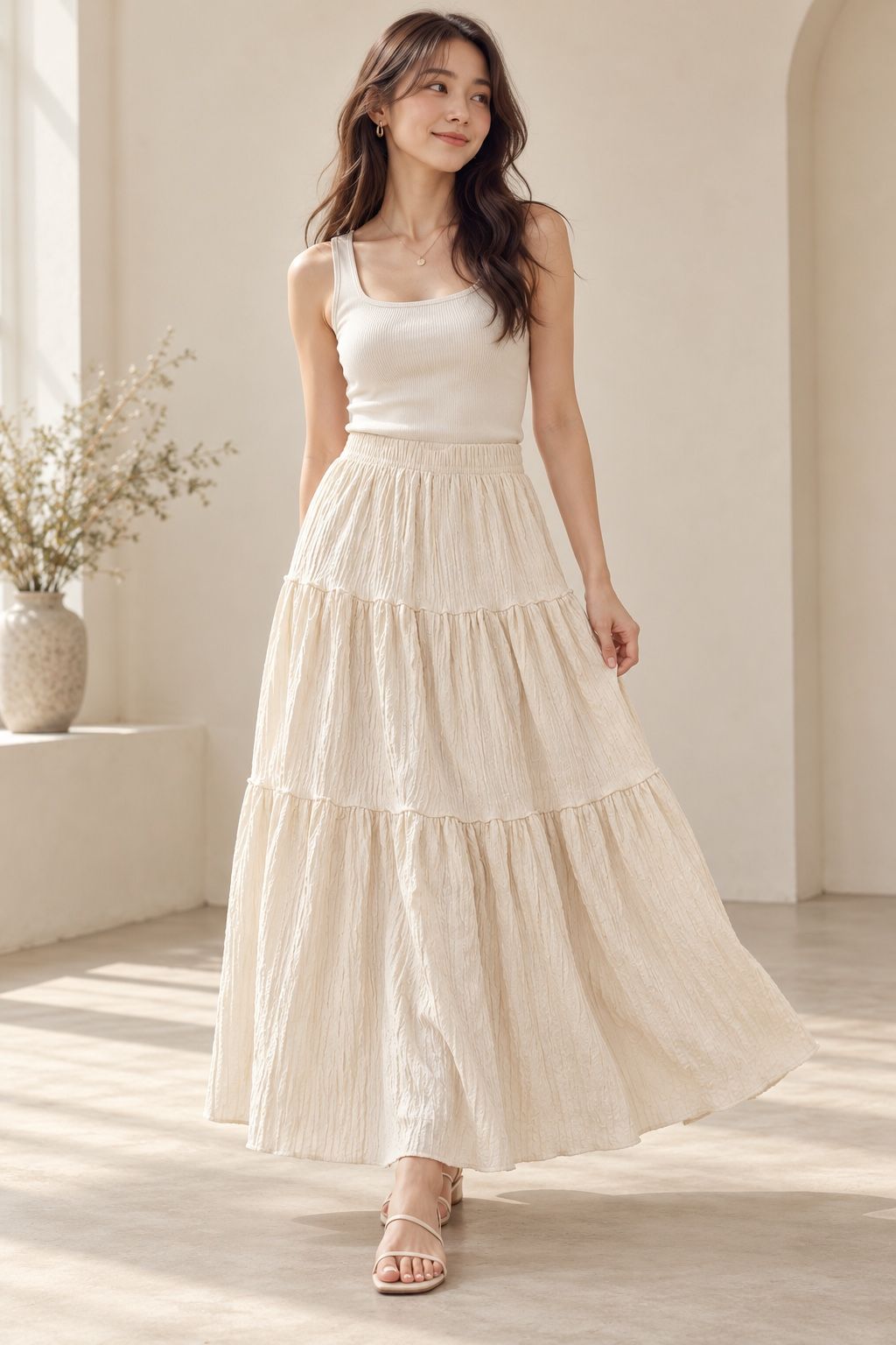 Cream Textured Tiered Maxi Skirt, photo 2