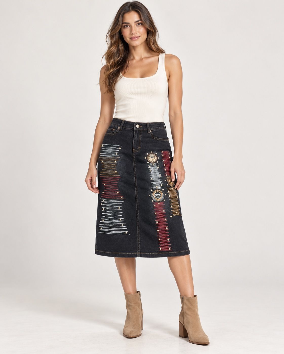 BOOM Embellished Black Denim Midi Skirt, photo 2