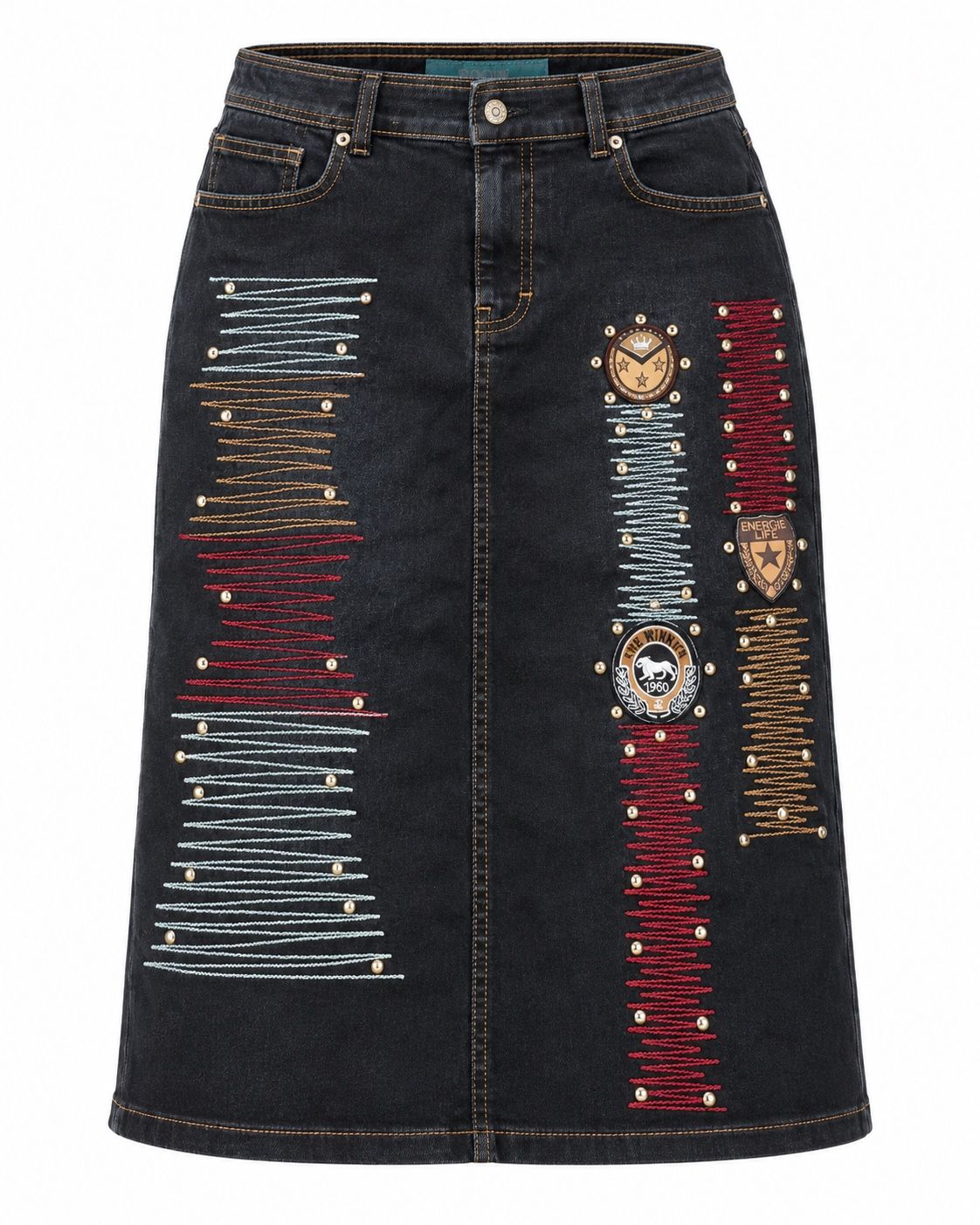 BOOM Embellished Black Denim Midi Skirt