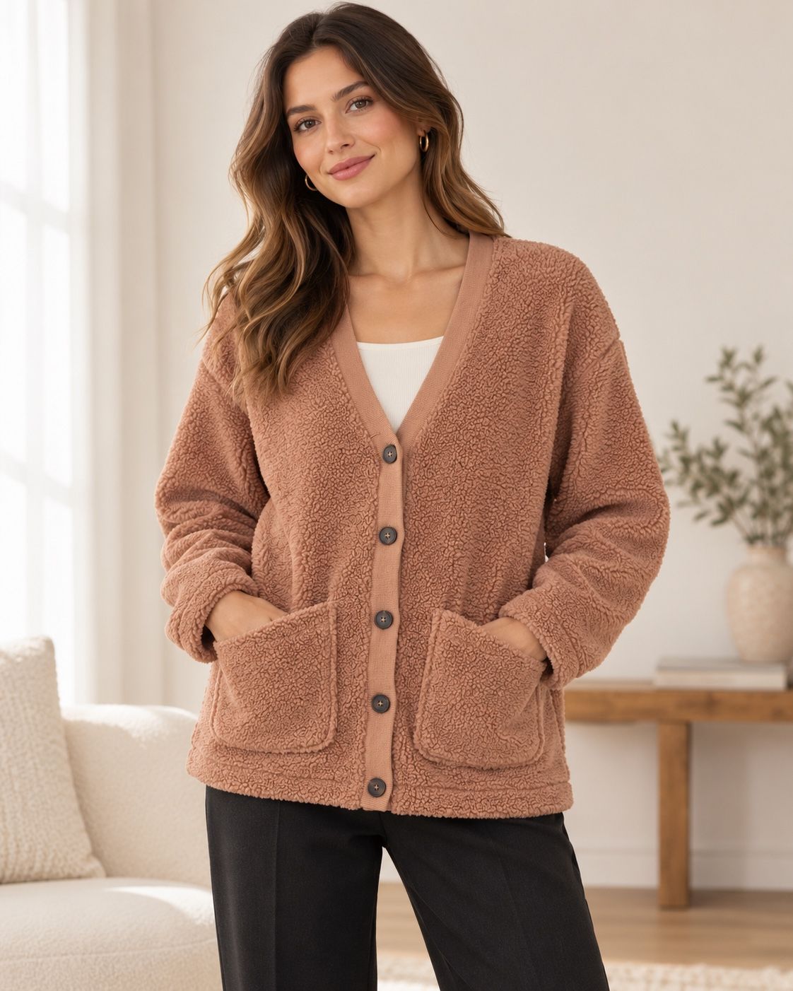 Women’s Camel Teddy Button-Up Cardigan, photo 2