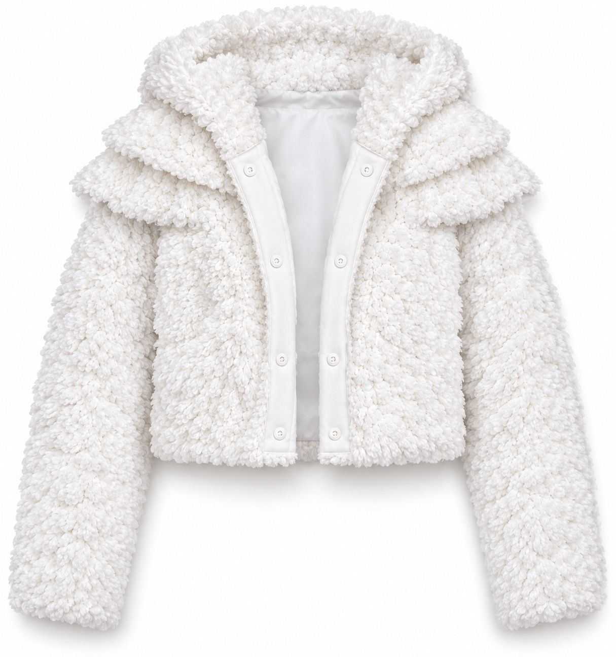 ASOS LUXE White Double-Ruffle Fluffy Hooded Jacket