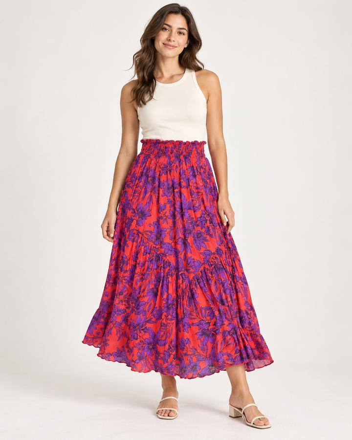 Promod Coral & Purple Floral Tiered Maxi Skirt, photo 2