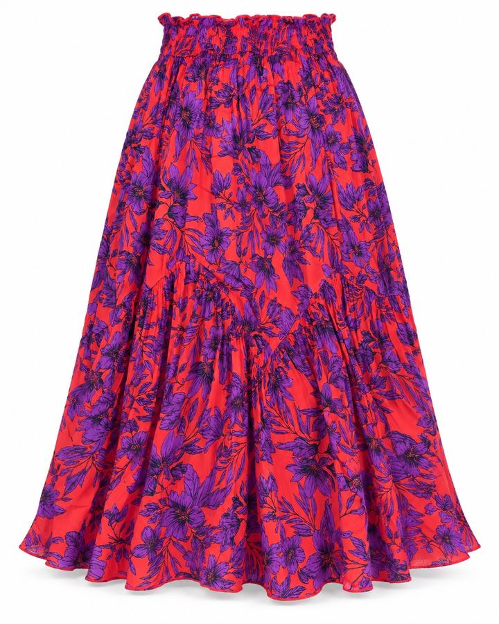 Promod Coral & Purple Floral Tiered Maxi Skirt