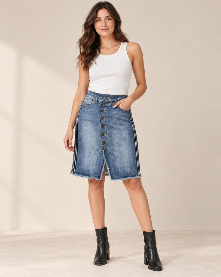 Qiero Button-Front Denim Skirt with Side Stripes, photo 2