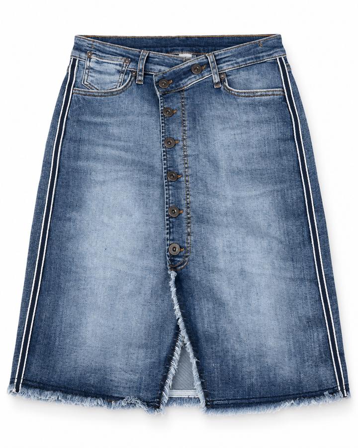 Qiero Button-Front Denim Skirt with Side Stripes
