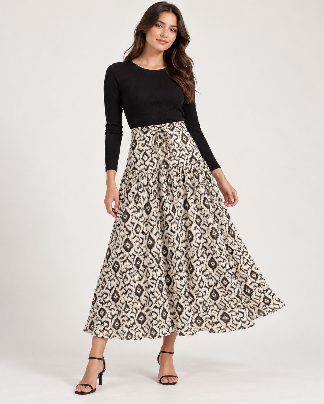 Meisie Cream Ikat Print Tie-Waist Maxi Skirt, photo 2