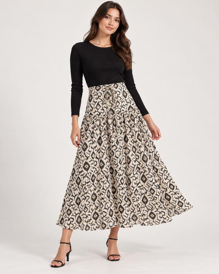 Meisie Cream Ikat Print Tie-Waist Maxi Skirt, photo 2
