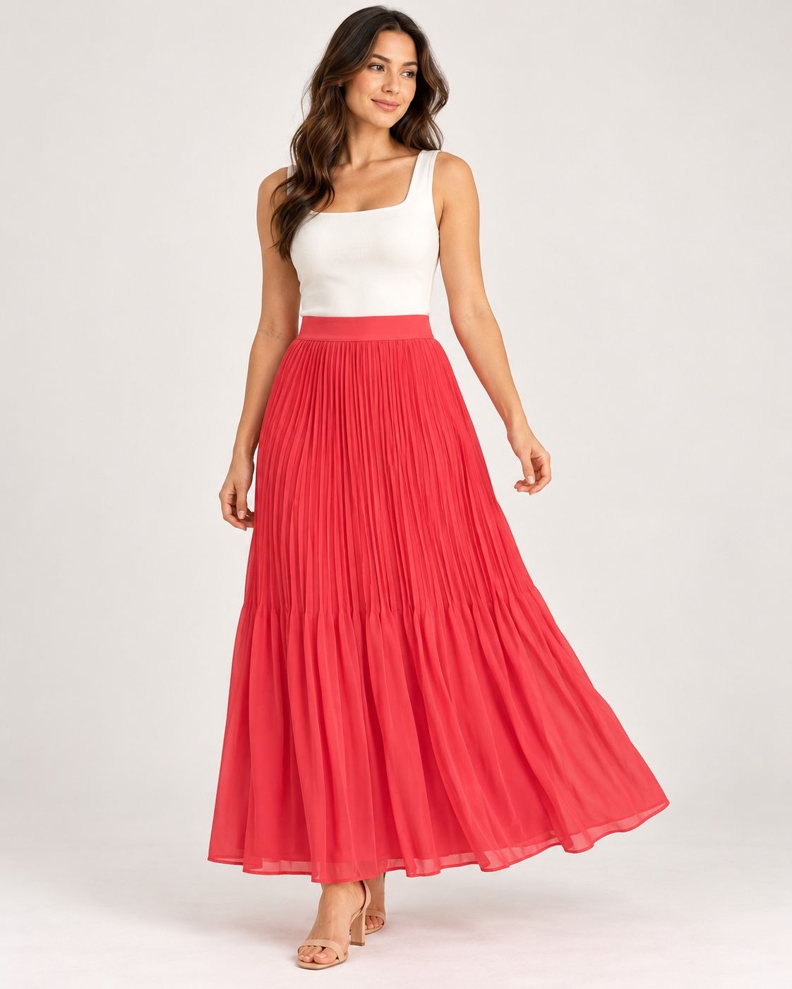 Pfeffinger Coral Red Pleated Chiffon Maxi Skirt, photo 2