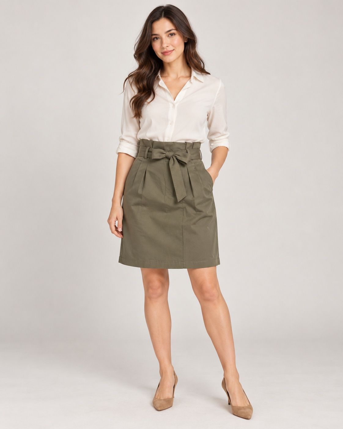 H&M Olive Green Paperbag-Waist Tie-Belt Skirt, photo 2