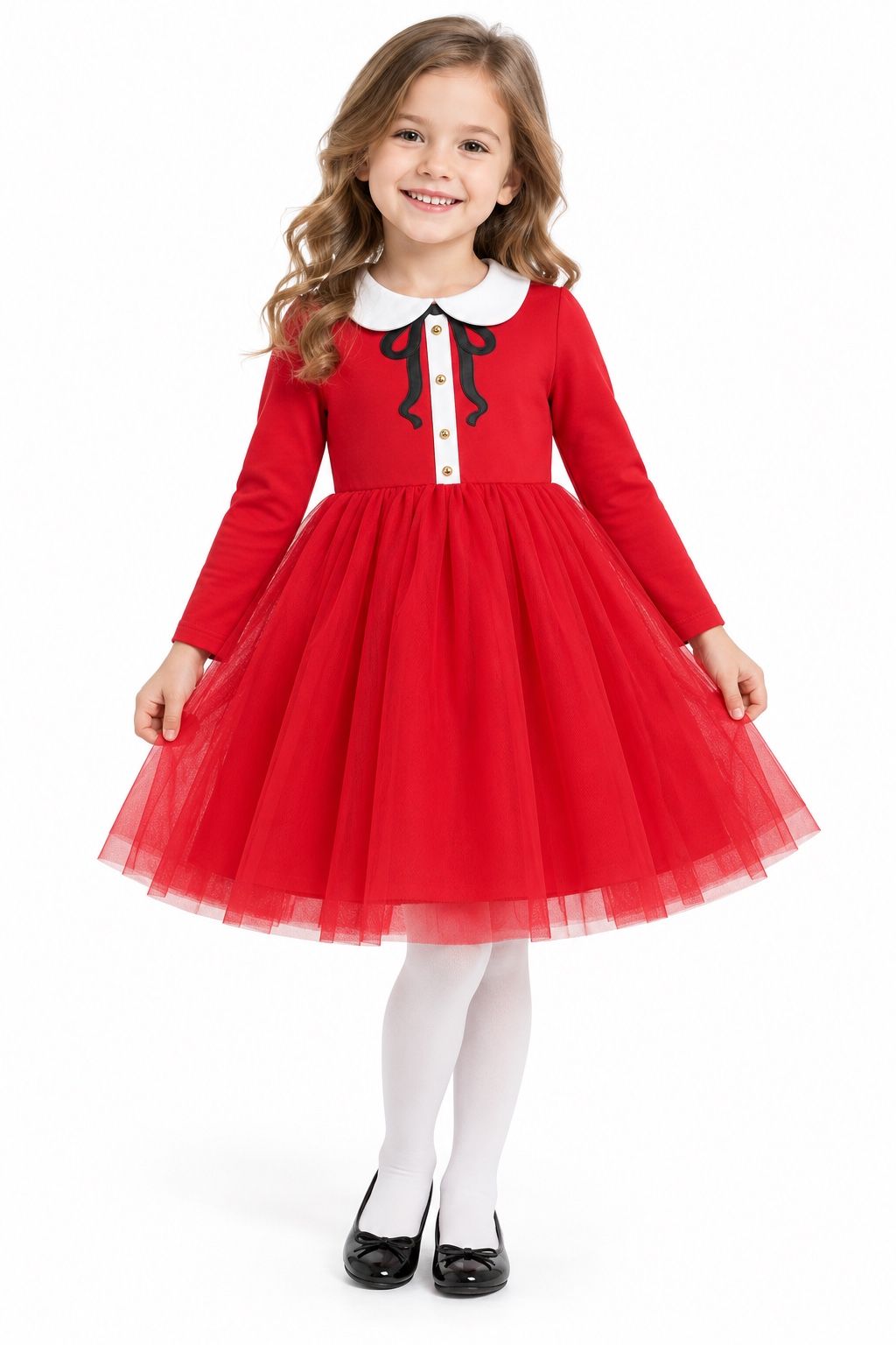 Girls’ Red Tulle Dress with Peter Pan Collar, photo 2