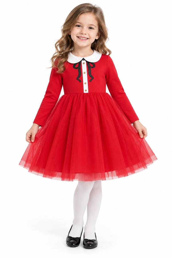 Girls’ Red Tulle Dress with Peter Pan Collar, photo 2
