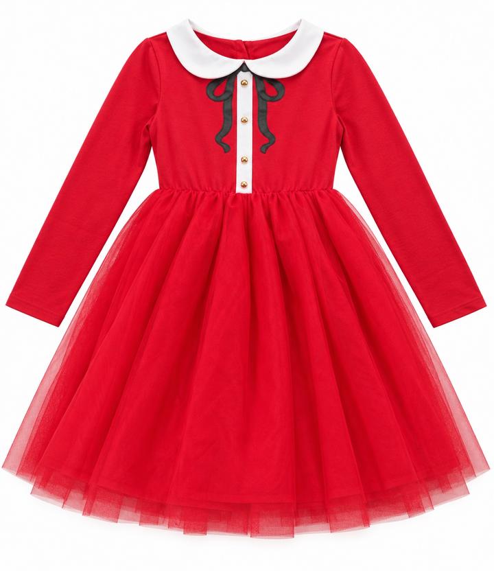 Girls’ Red Tulle Dress with Peter Pan Collar