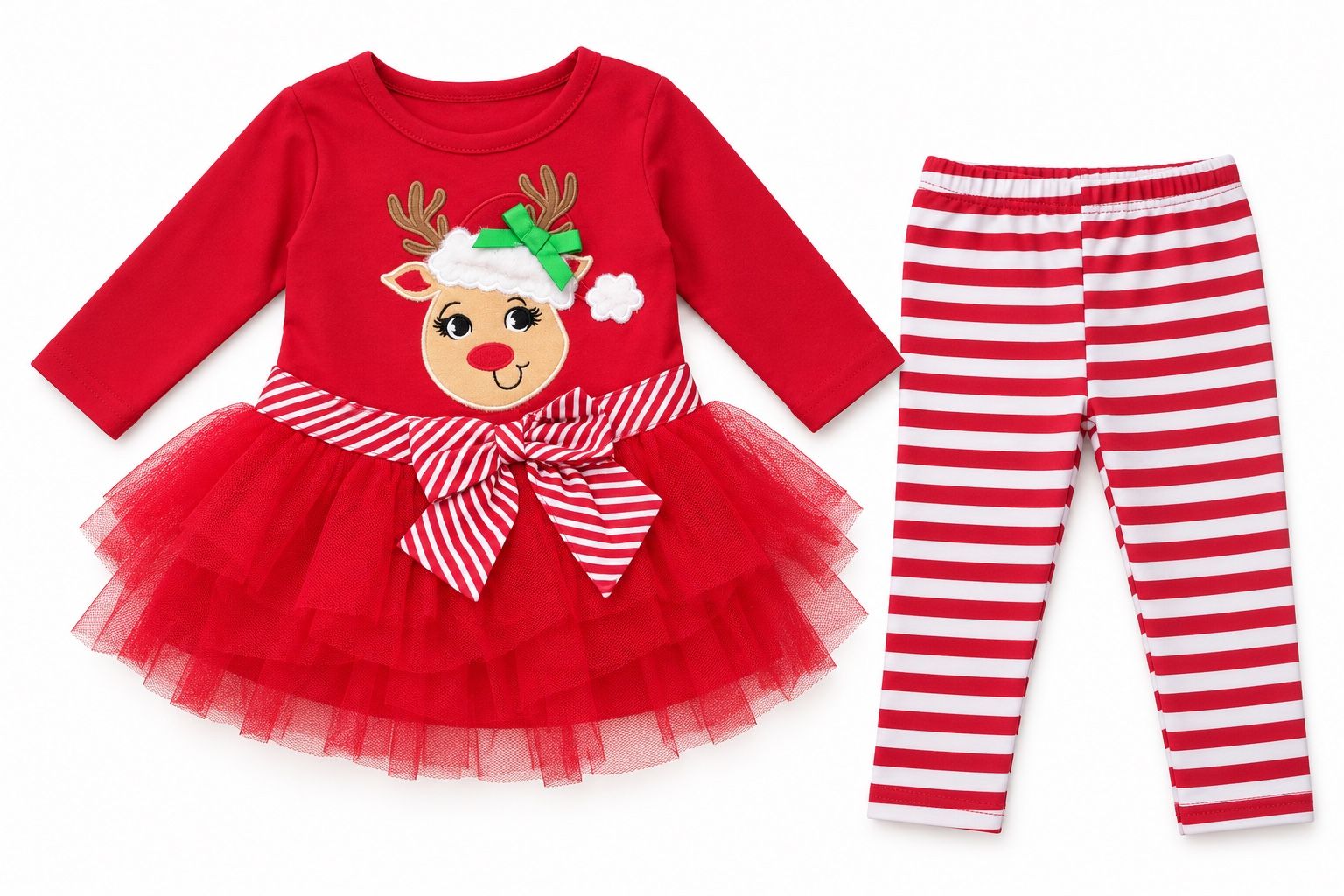 Girls’ Reindeer Tulle Dress with Striped Leggings
