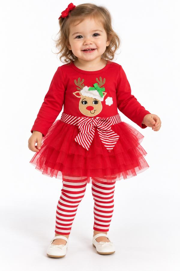 Girls’ Reindeer Tulle Dress with Striped Leggings, photo 2
