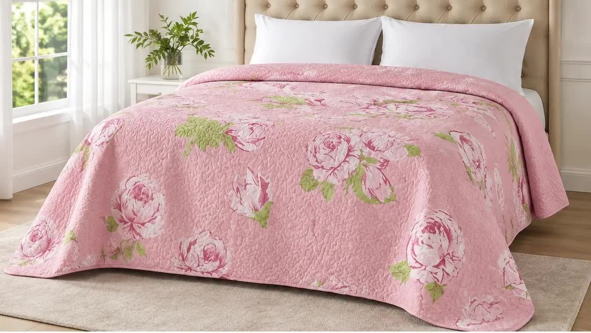 Meradiso Pink Floral Reversible Bedspread 260 × 270 cm