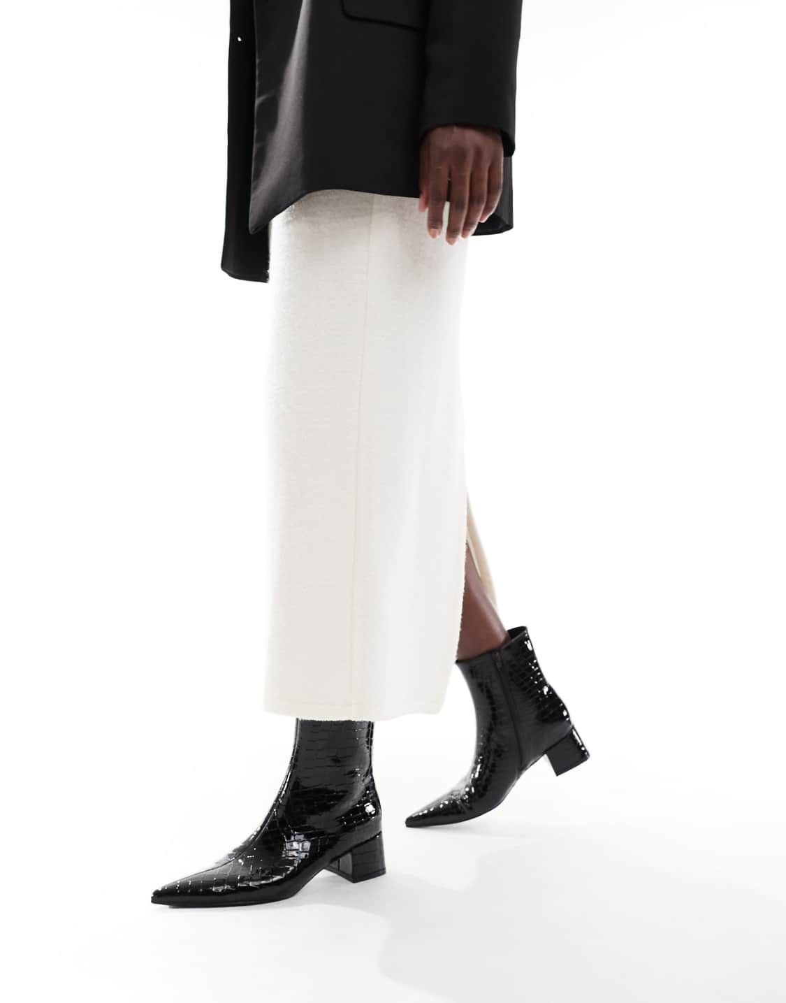 schuh Bridget chunky heeled boots in black croc from asos