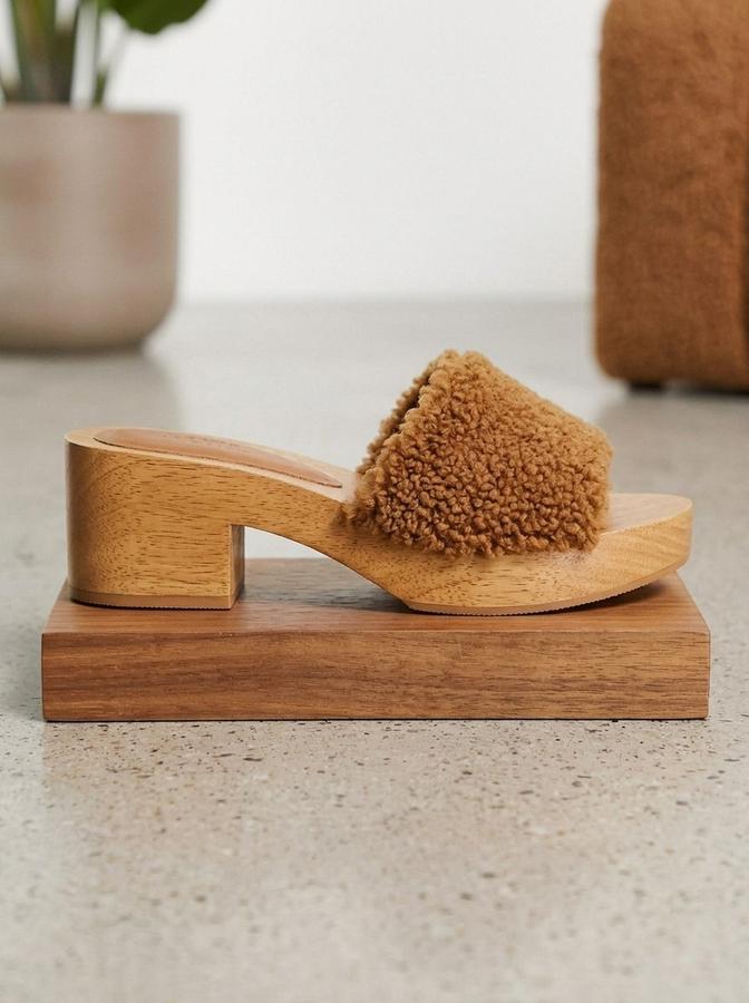 ASOS DESIGN Women's Teddy Clog Sandals with Borg Strap in Tan, photo 2