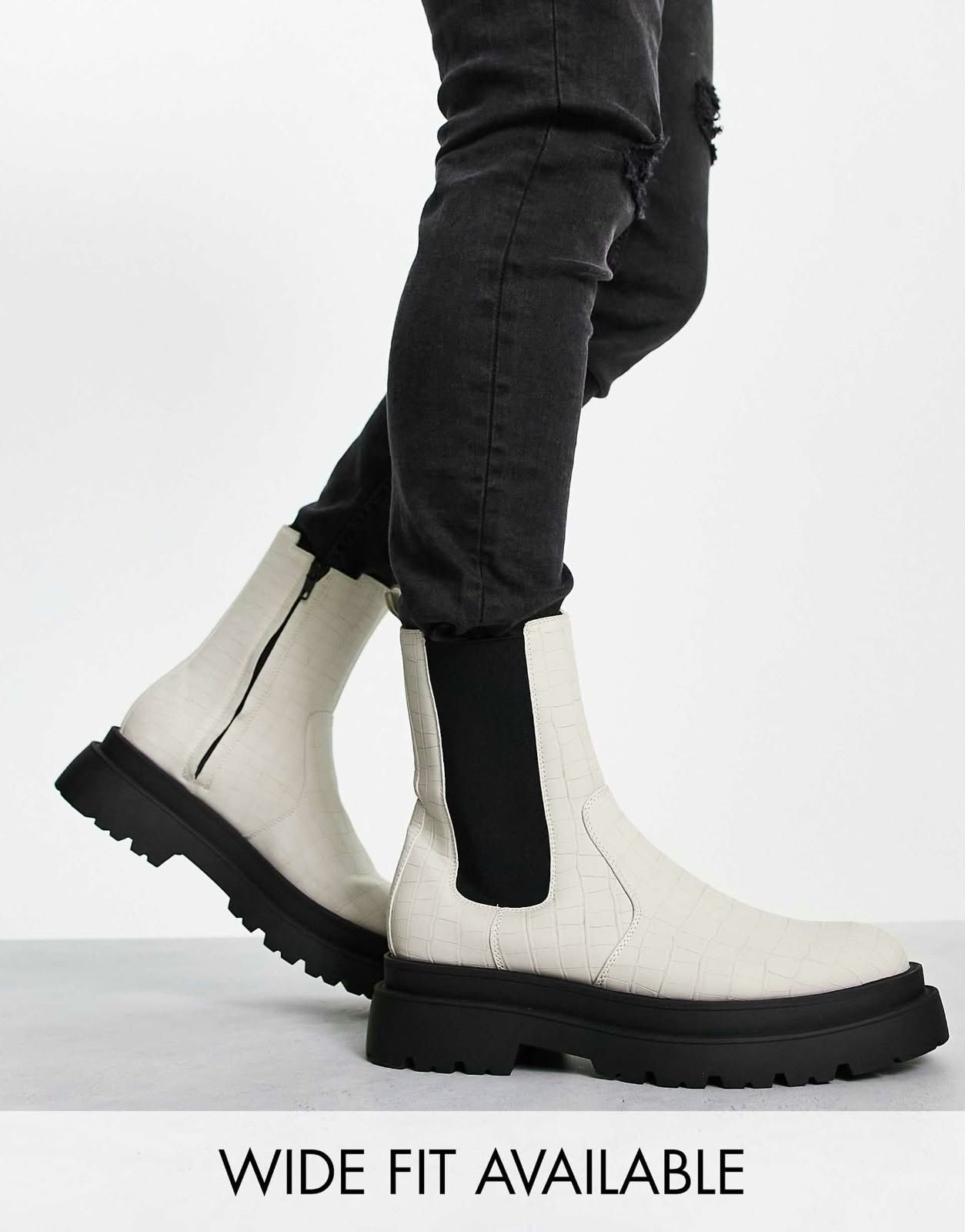 ASOS DESIGN – Chelsea-Stiefel aus Krokoleder-Imitat in Beige mit dicker Sohle, photo 3