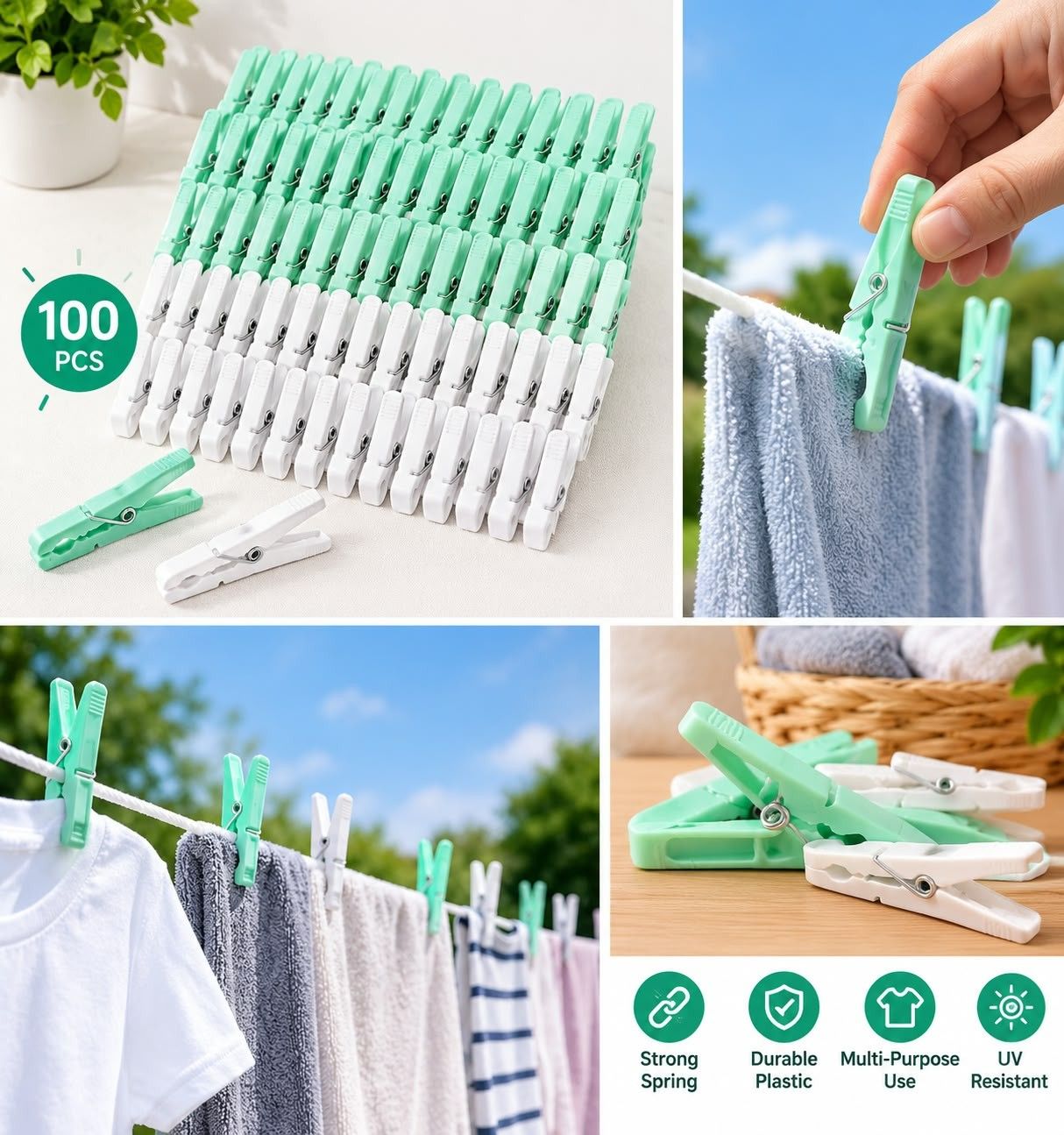 Clothespins, Clips, 100 pcs per laundry, white, turquoise, photo 2