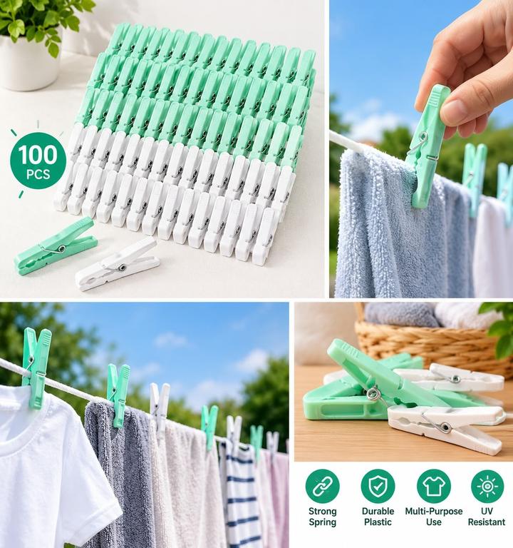 Clothespins, Clips, 100 pcs per laundry, white, turquoise, photo 2