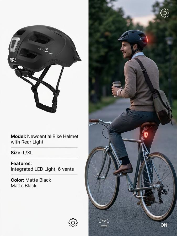 Newcential Matte Black Bike Helmet with Integrated Rear LED Light
