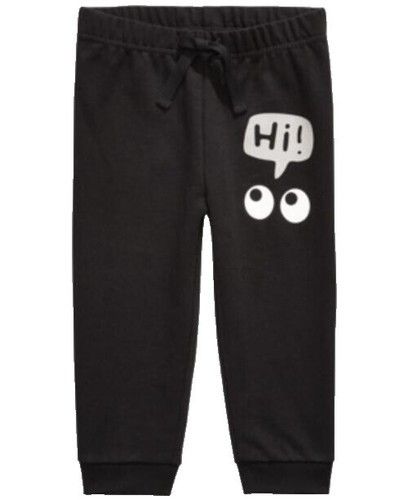 First Impressions Toddler Boys Black Graphic Jogger Pants with Cartoon Eyes & 'Hi!' Speech Bubble