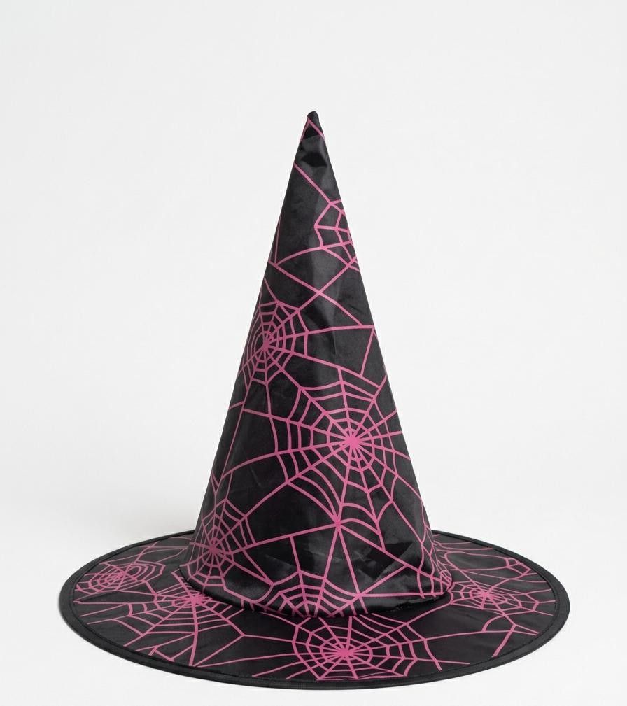 Classic Halloween Witch Hat with Pink Spiderweb Pattern