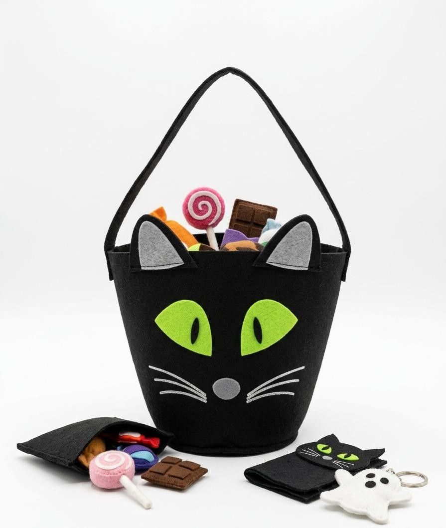 Halloween Black Cat Felt Trick-or-Treat Candy Bucket