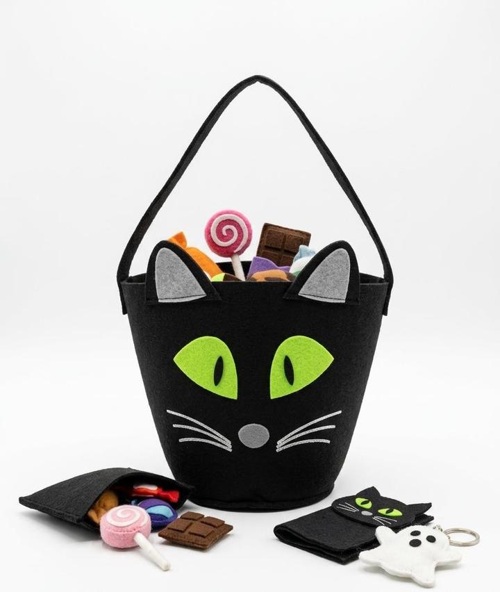 Halloween Black Cat Felt Trick-or-Treat Candy Bucket