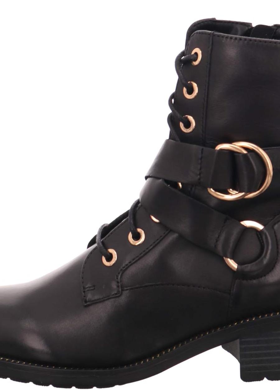 Women's Black Faux Leather Buckled Combat Ankle Boots with Gold Hardware(feit)
