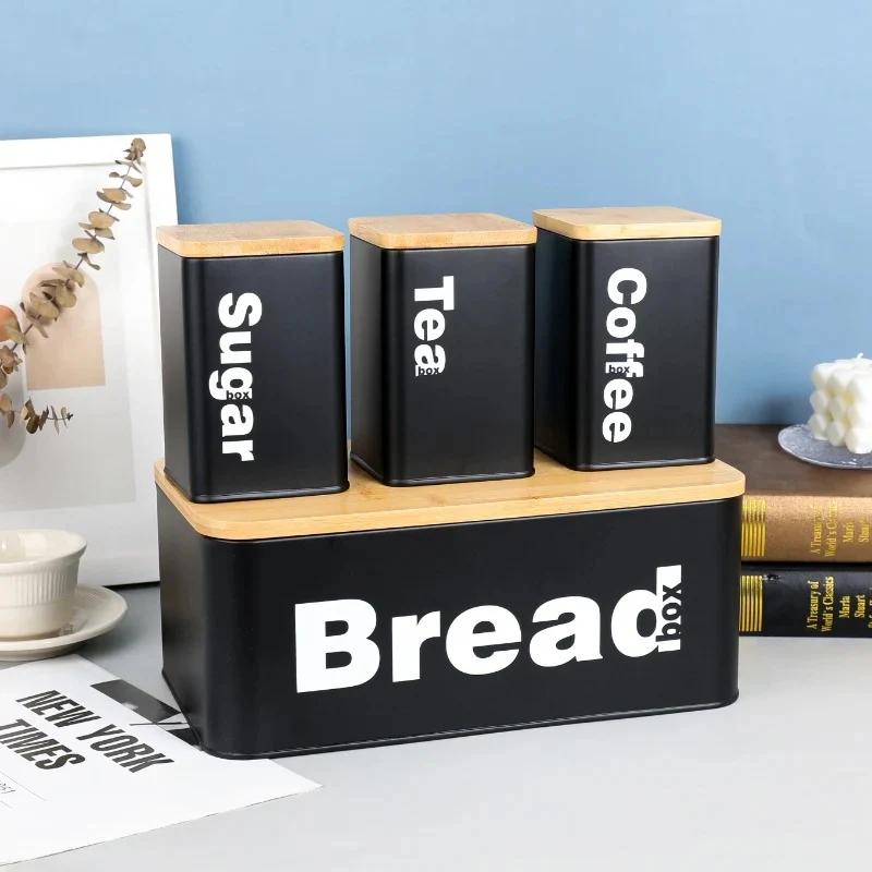 Bread Box with Three Canister Set with Bamboo Lid