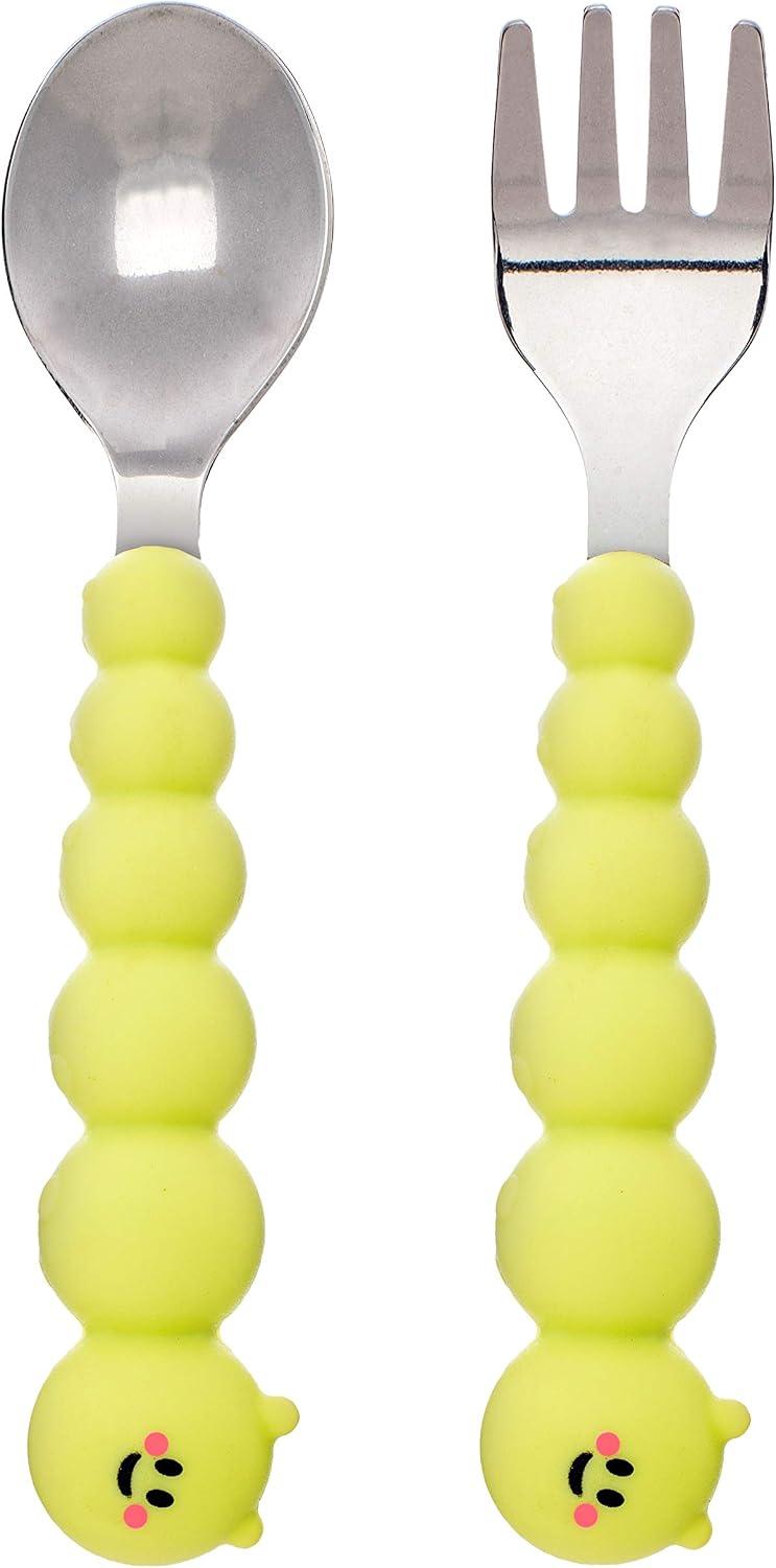 melii Caterpillar Spoon and Fork Set for Toddlers - Silicone and Stainless Steel Utensils with Easy Grip Handles